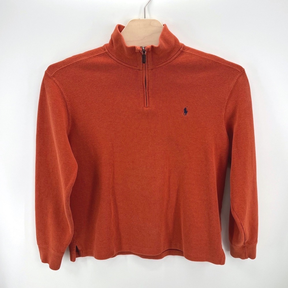 Polo Ralph Lauren Quarter Zip Mens Large Orange Ribbed Cotton Knit Pullover Logo